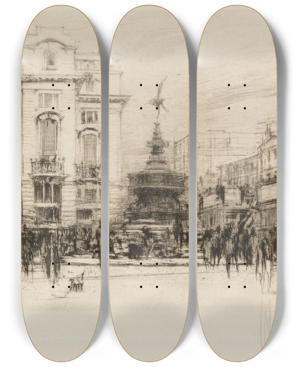 Triptych art skateboard deck of William Walcot Piccadilly Circus With Criterion Theatre by William Walcot (1874-1943)