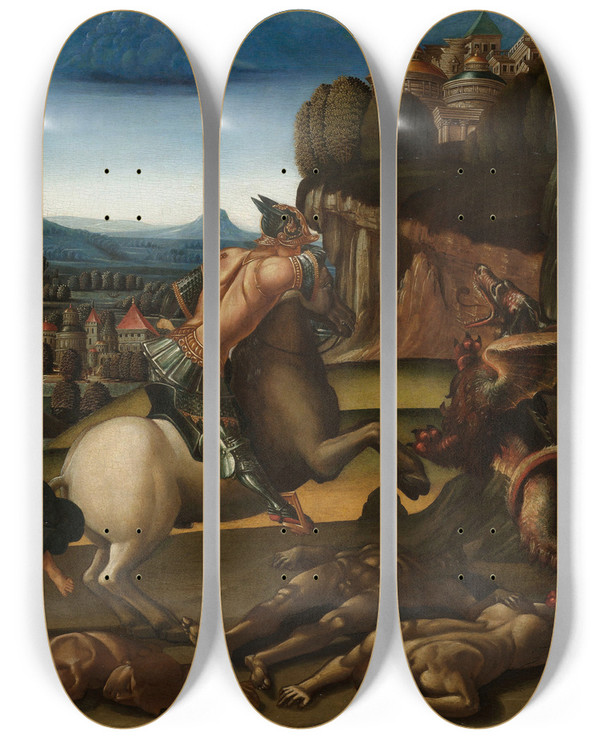 Triptych art skateboard deck of Workshop Of Luca Signorelli Saint George And The Dragon by Workshop Of Luca Signorelli (1441-1523)