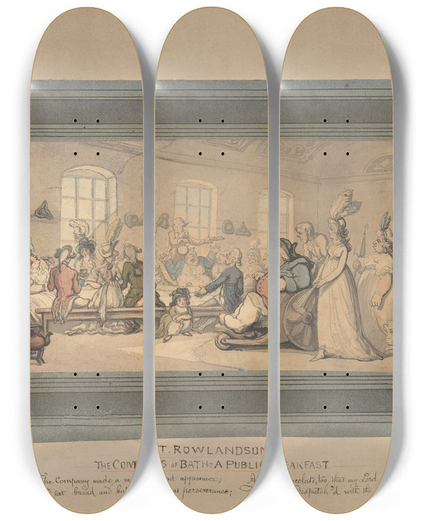 Triptych art skateboard deck of Thomas Rowlandson The Comforts Of Bath And Public Breakfast by Thomas Rowlandson (1756-1827)