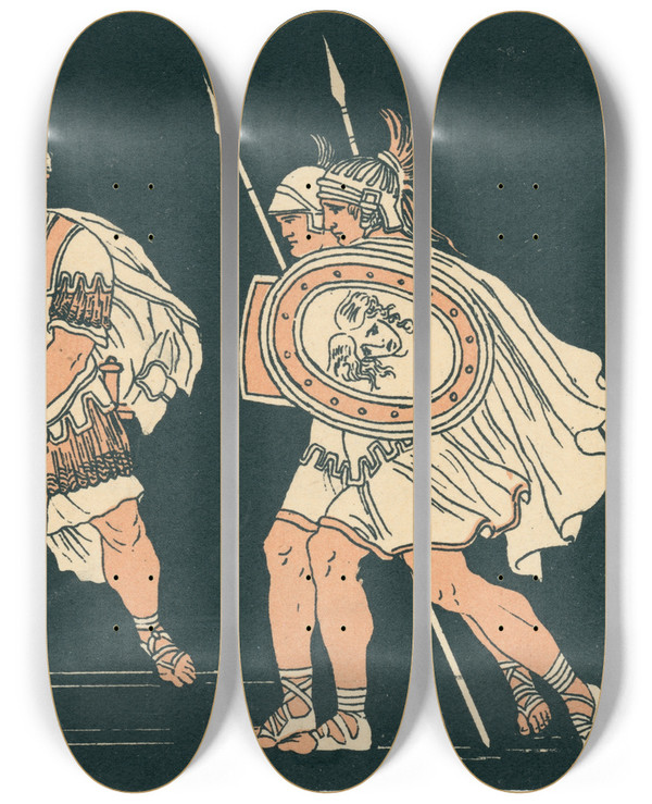 Triptych art skateboard deck of Bartolomeo Pinelli Aeneas And The Body Of Lausus by Bartolomeo Pinelli (1781-1835)