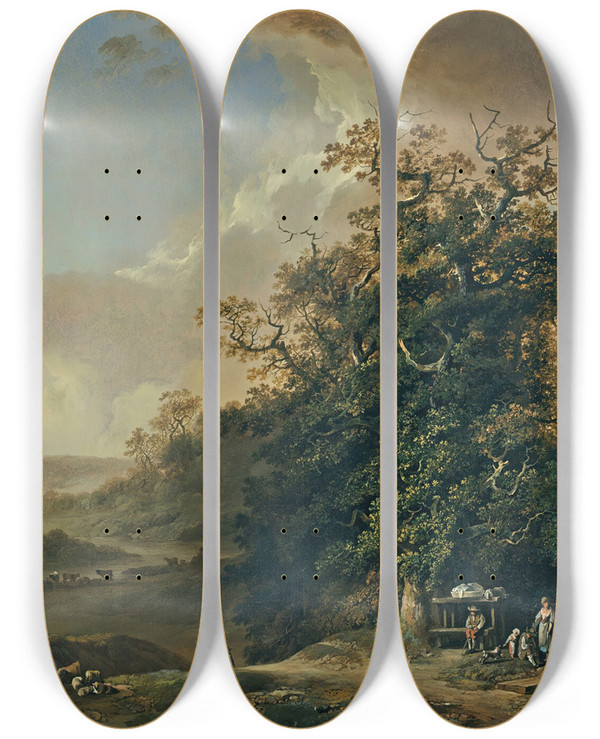 Triptych art skateboard deck of Johann Heinrich West Landschaft Mit Reisenden An Einem Flussufer by Johann Heinrich Wuest (1741-1821)
