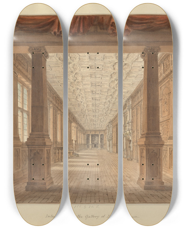 Triptych art skateboard deck of John Buckler Interior View Of The Gallery Of Hatfield House by John Buckler (1770-1851)