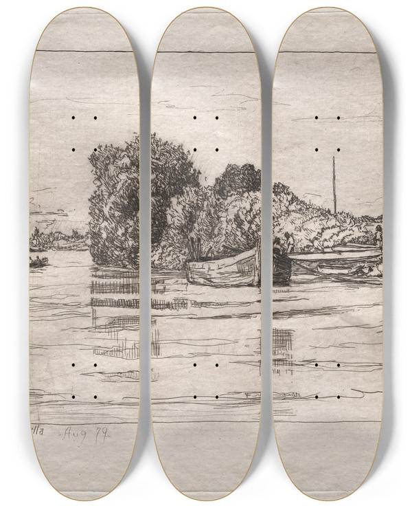 Triptych art skateboard deck of Otto Henry Bacher Danube At Walhalla by Otto Henry Bacher (1856-1909)