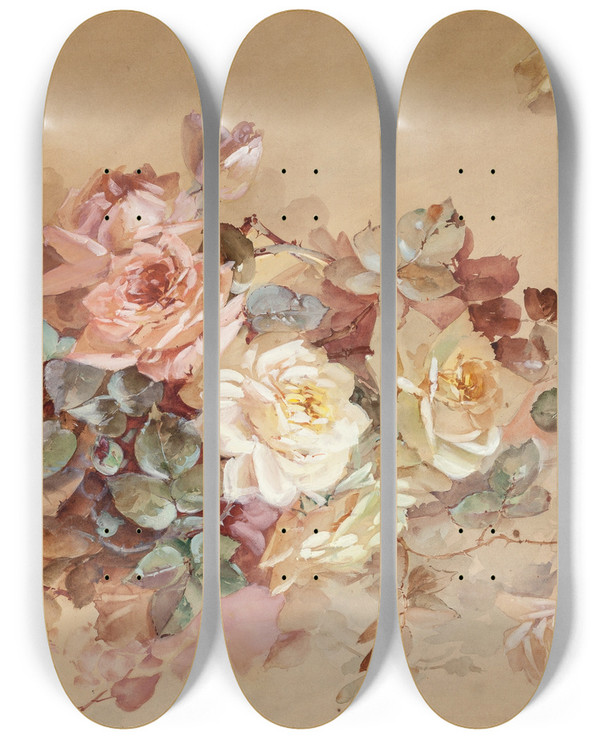 Triptych art skateboard deck of Franz Bischoff Pink And Yellow Roses by Franz Bischoff (1864-1929)
