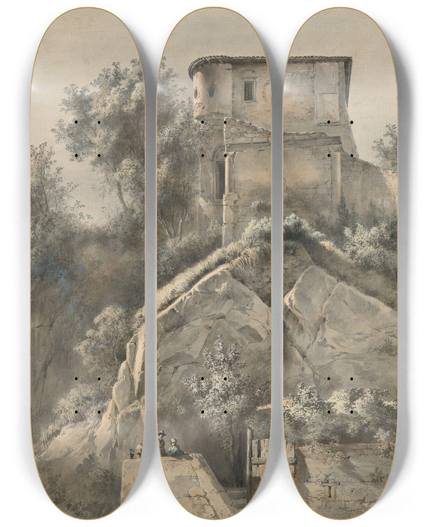 Triptych art skateboard deck of Jeanjacques De Boissieu Landscape With Chteau Galliard by Jean-Jacques de Boissieu (1736-1810)