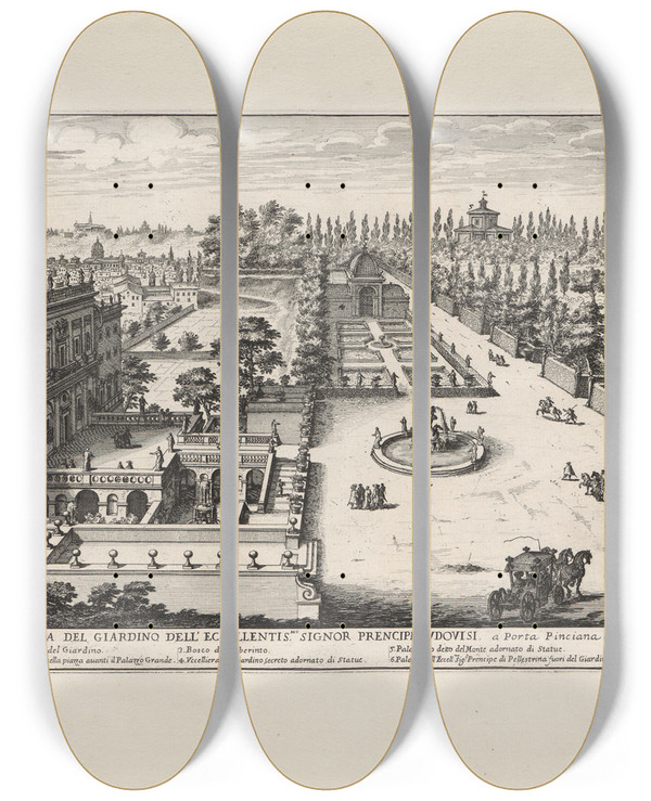 Triptych art skateboard deck of Giovanni Battista Falda Li Giardini Di Roma Con Le Loro Piante Alzate E Vedvte In Prospettiva Pl10 by Giovanni Battista Falda (1643-1678)