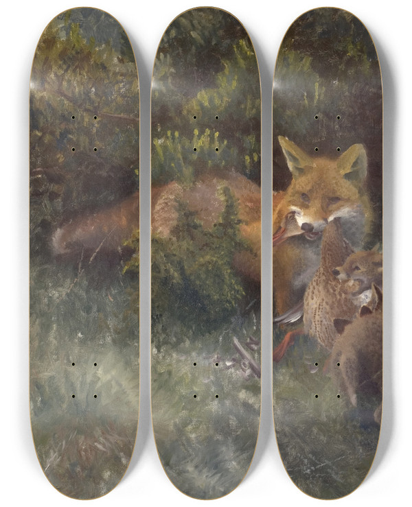 Triptych art skateboard deck of Bruno Liljefors Fox With Cubs by Bruno Liljefors (1860-1939)