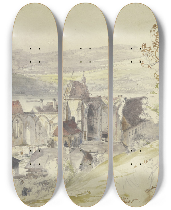 Triptych art skateboard deck of Rudolf Von Alt Die Ruinen Der Klosterkirche Susenstein An Der Donau by Rudolf Von Alt (1812-1905)
