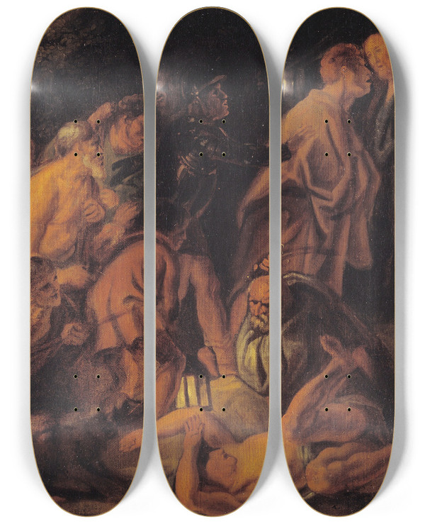 Triptych art skateboard deck of Jacob Jordaens The Betrayal And Arrest Of Christ In Gethsemane by Jacob Jordaens (1593-1678)