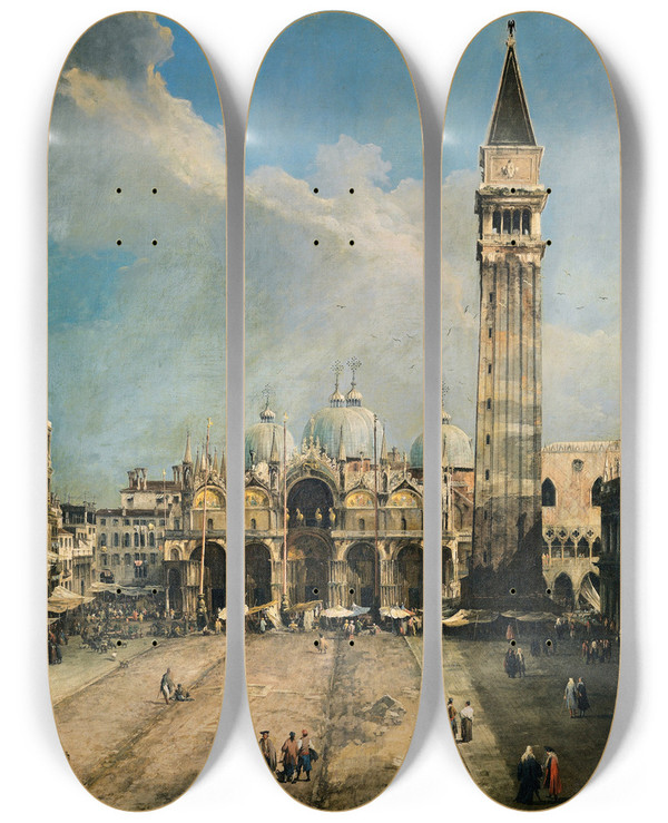 Triptych art skateboard deck of Canaletto The Piazza San Marco In Venice by Canaletto (1697-1768)