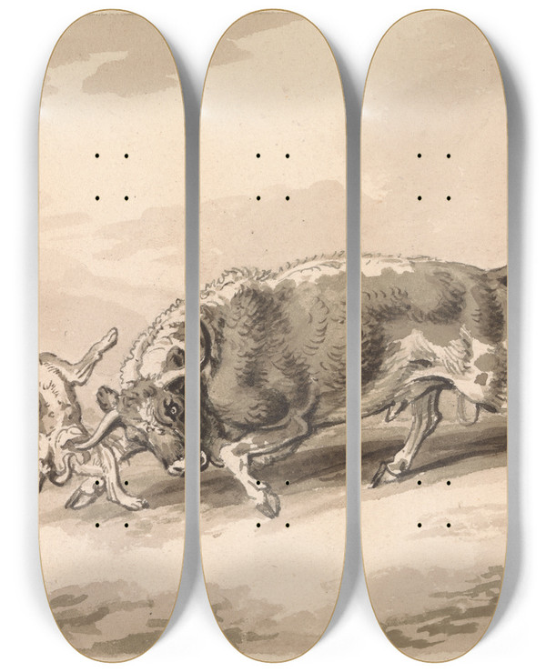 Triptych art skateboard deck of Samuel Howitt Bull Attacking Mastiff by Samuel Howitt (1756-1822)