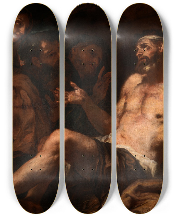Triptych art skateboard deck of Luca Giordano Job And His Comforters by Luca Giordano (1634-1705)