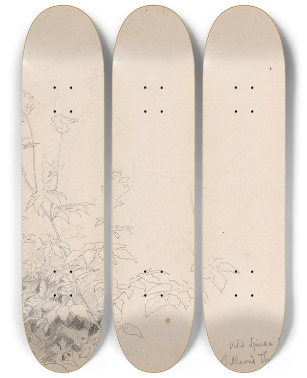 Triptych art skateboard deck of Hans Gude Tistler Og Spirea Billerud P Toten by Hans Gude (1825-1903)