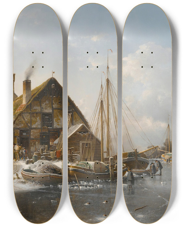 Triptych art skateboard deck of Johannes Bertholomus Duntze Winter On The Rhine by Johannes Bertholomaus Duntze (1823-1895)