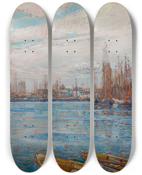 Triptych art skateboard deck of Childe Hassam Harbor Of A Thousand Masts by Childe Hassam (1859-1935)