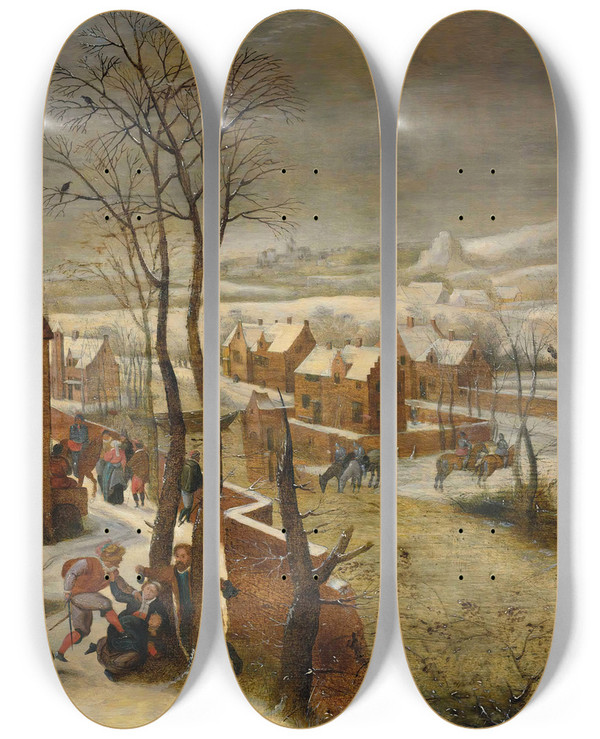 Triptych art skateboard deck of Abel Grimmer A Village Landscape In Winter With The Massacre Of The Innocents by Abel Grimmer (1570-1620)