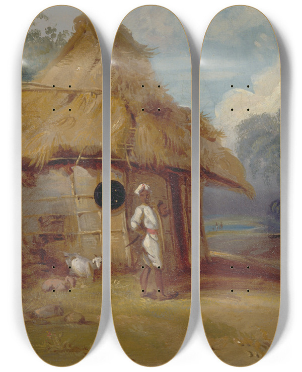 Triptych art skateboard deck of George Chinnery View In Southern India With A Warrior Outside His Hut by George Chinnery (1774-1852)
