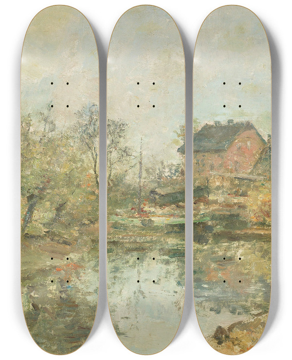 Triptych art skateboard deck of Rudolf Hckner Bauerngehft Mit Teich by Rudolf Hockner (1864-1942)