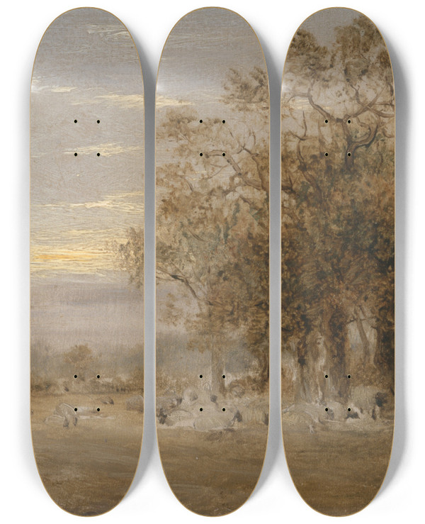 Triptych art skateboard deck of John Linnell Sheep Grazing by John Linnell (1792-1882)