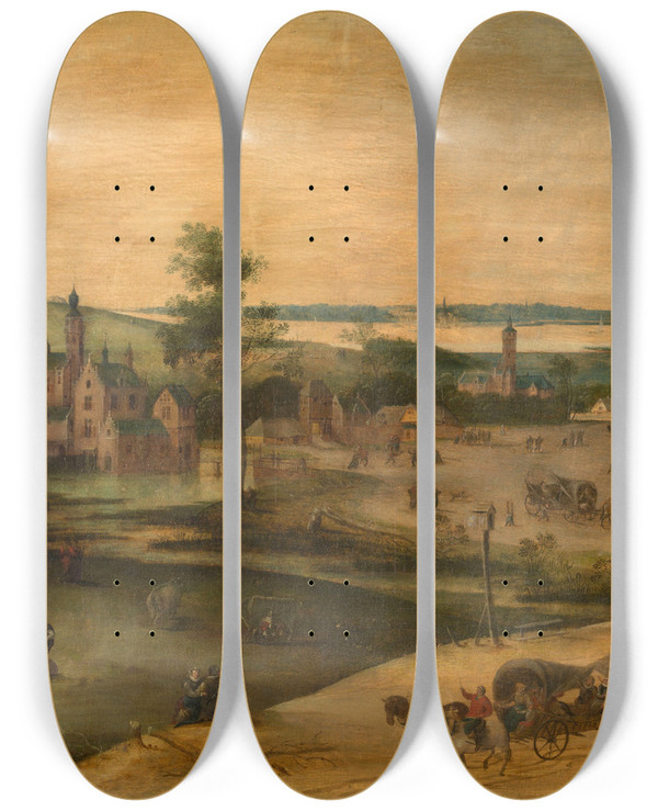 Triptych art skateboard deck of Jacob Grimmer Village At The Scheldt by Jacob Grimmer (1525-1590)