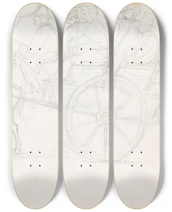 Triptych art skateboard deck of Adolph Tidemand Hest Og Vogn Med Passasjerer by Adolph Tidemand (1814-1876)