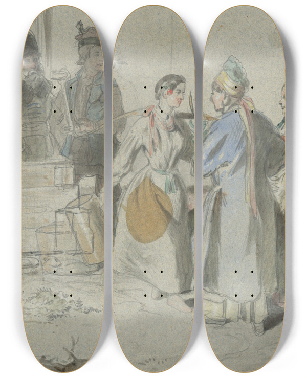 Triptych art skateboard deck of Friedrich Carl Von Scheidlin Meeting At A Well by Friedrich Carl Von Scheidlin (1822-1913)