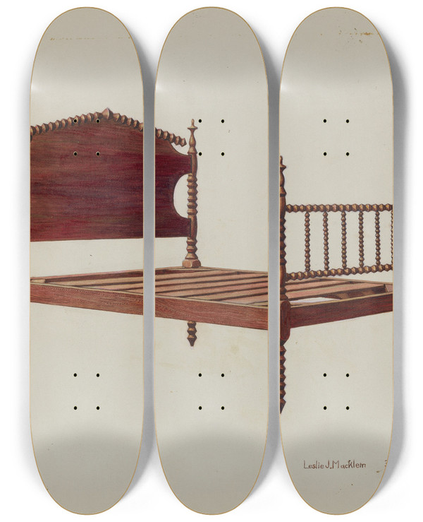 Triptych art skateboard deck of Leslie Macklem Doll Cradle by Leslie Macklem