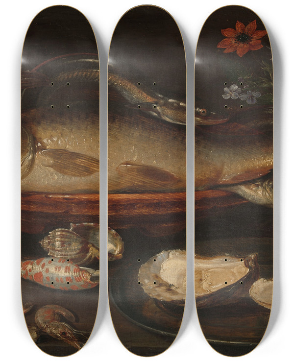 Triptych art skateboard deck of Clara Peeters Still Life With Fish Sea Food And Flowers by Clara Peeters (1582-1636)