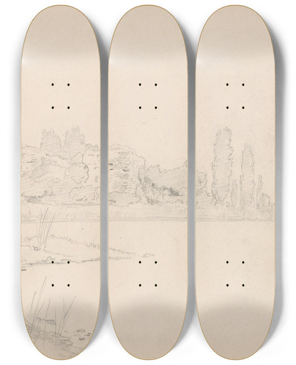 Triptych art skateboard deck of Hans Gude Strand Med Popler Reichenau by Hans Gude (1825-1903)