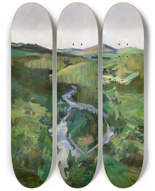 Triptych art skateboard deck of Harriet Backer Landscape From Foldalen by Harriet Backer (1845-1932)