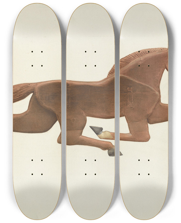 Triptych art skateboard deck of Alfred H Smith Wooden Horse Weather Vane by Alfred H Smith
