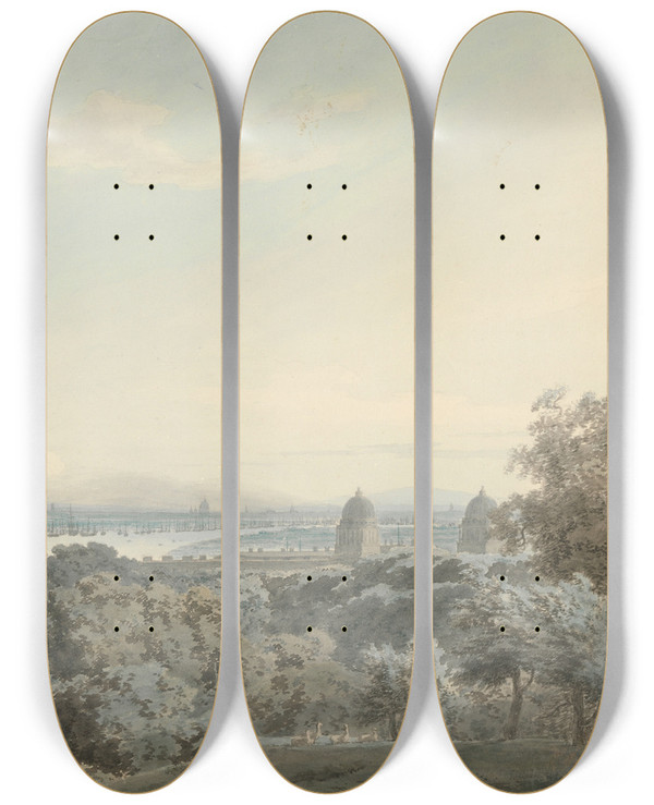 Triptych art skateboard deck of John Robert Cozens London From Greenwich Hill by John Robert Cozens (1752-1797)