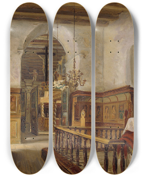Triptych art skateboard deck of Adolph Tidemand Interior From The Church At Voss by Adolph Tidemand (1814-1876)