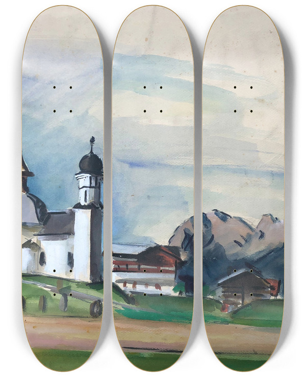 Triptych art skateboard deck of Otto Geigenberger Die Seekirche Hl Kreuz In Msern Bei Seefeld In Tirol by Otto Geigenberger (1881-1946)