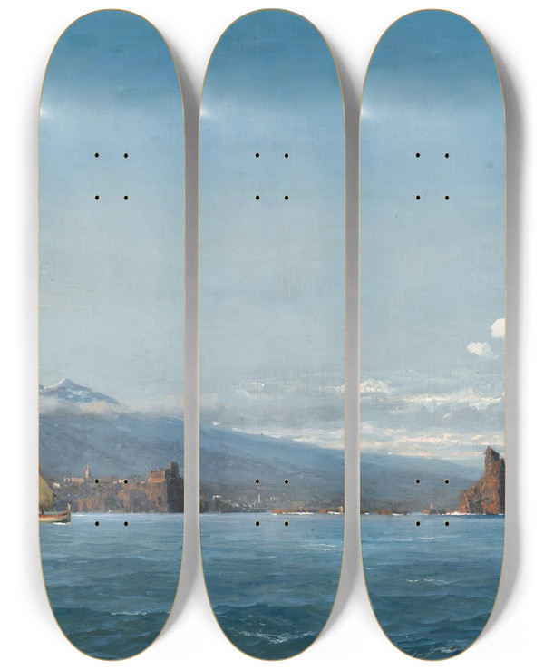 Triptych art skateboard deck of Michael Zeno Diemer Sailing Boats Before Mount Etna by Michael Zeno Diemer (1867-1939)