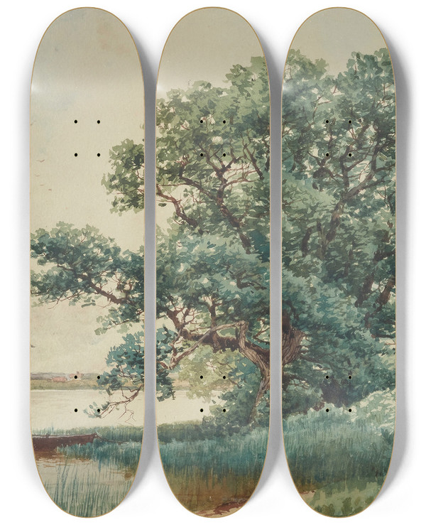 Triptych art skateboard deck of Alfred Thompson Bricher Punt On A River by Alfred Thompson Bricher (1837-1908)