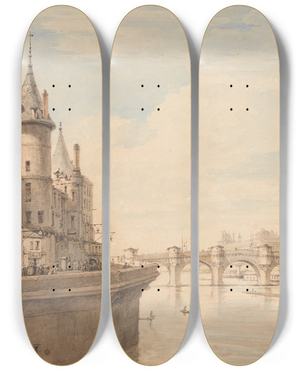 Triptych art skateboard deck of Henry Edridge The Conciergerie Paris by Henry Edridge (1769-1821)