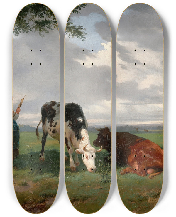 Triptych art skateboard deck of Rosa Bonheur Shepherdess And Two Cows In A Meadow by Rosa Bonheur (1822-1899)