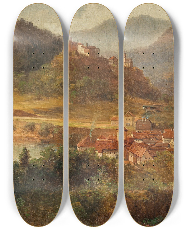 Triptych art skateboard deck of Adolf Obermllner Dorf Mit Fluss Und Burg by Adolf Obermullner (1833-1898)
