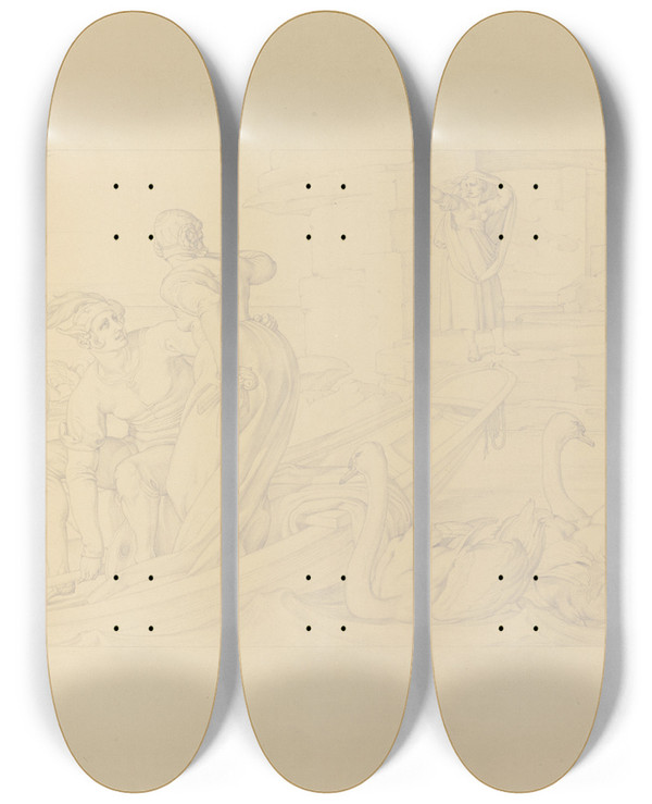 Triptych art skateboard deck of Bonaventura Genelli Aus Dem Leben Eines Wstlings Ii Die Fahrt Auf Dem Wasser by Bonaventura Genelli (1798-1868)