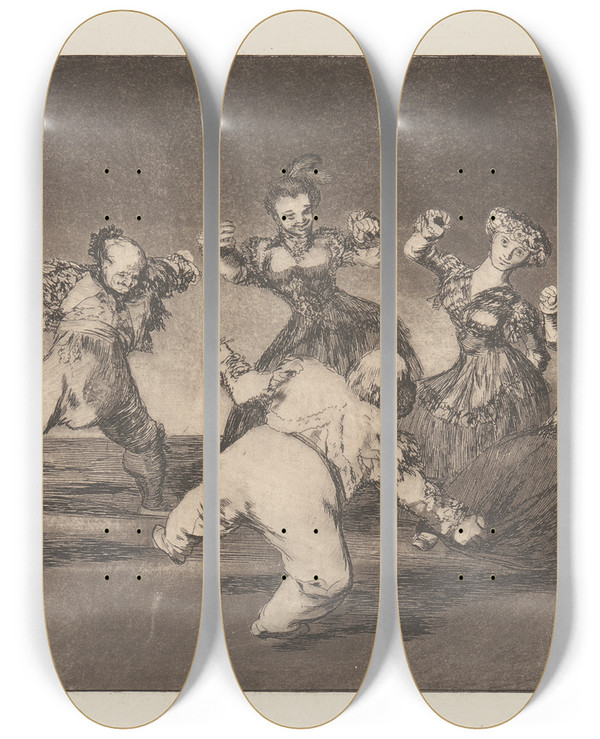 Triptych art skateboard deck of Francisco De Goya If Marion Will Dance Then She Will Have To Take The Consequences Si Marina Bayl Tome Lo Que Hall by Francisco de Goya (1746-1828)