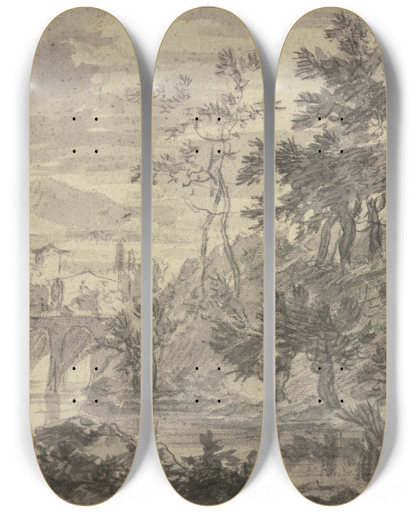 Triptych art skateboard deck of Adam Pynacker Landschaft Mit Einem Mit Weiden Bewachsenem Flu Ber Welchen Eine Brcke Mit Drei Bogen Fhrt Vorne Reiter Und Fugnger by Adam Pynacker (1615-1673)