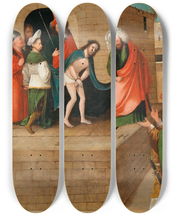 Triptych art skateboard deck of Circle Of Hieronymus Bosch Ecce Homo by Circle Of Hieronymus Bosch (1450-1516)