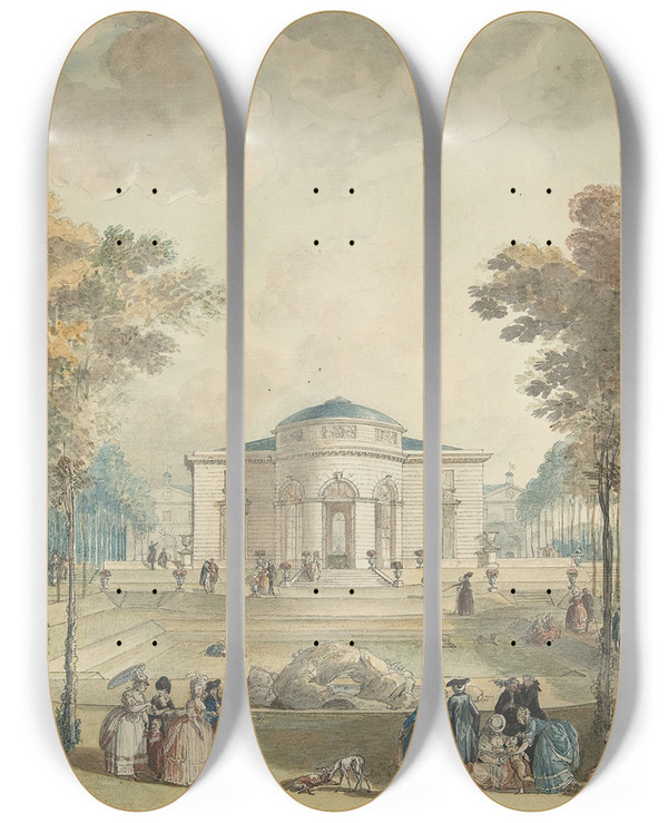 Triptych art skateboard deck of Jean Dmosthne Dugourc The Garden Faade Of Bagatelle by Jean Demosthene Dugourc (1749-1825)