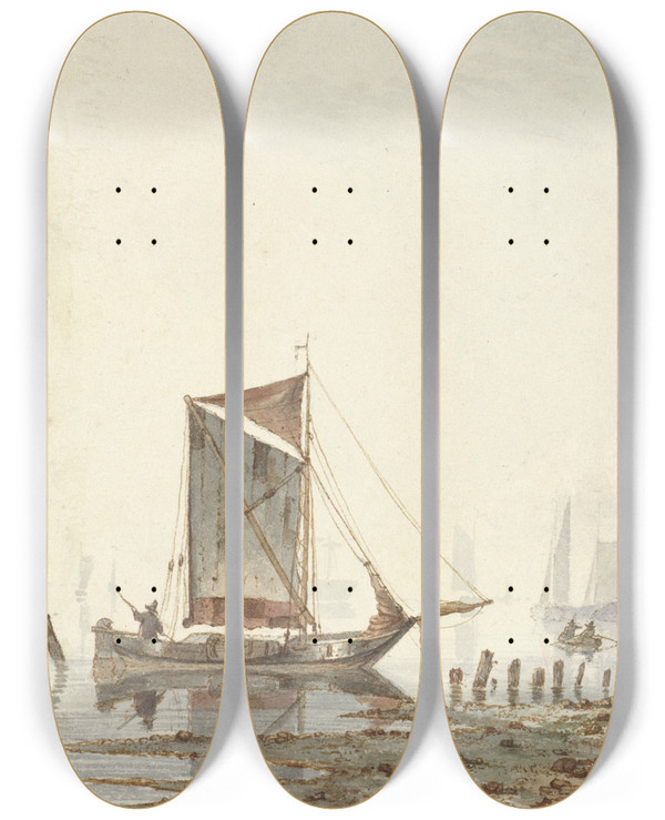 Triptych art skateboard deck of Hendrik Gerrit Ten Cate Schepen Op Een Rivier Bij De Oever by Hendrik Gerrit Ten Cate (1803-1856)