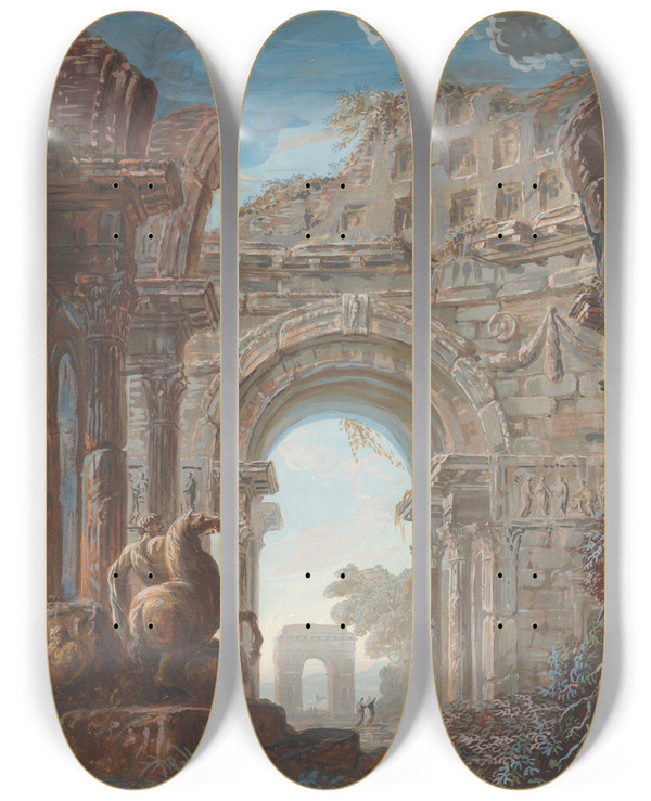 Triptych art skateboard deck of Giovanni Niccol Servandoni Architectural Capriccio With A Monumental Arch by Giovanni Niccolo Servandoni (1695-1766)