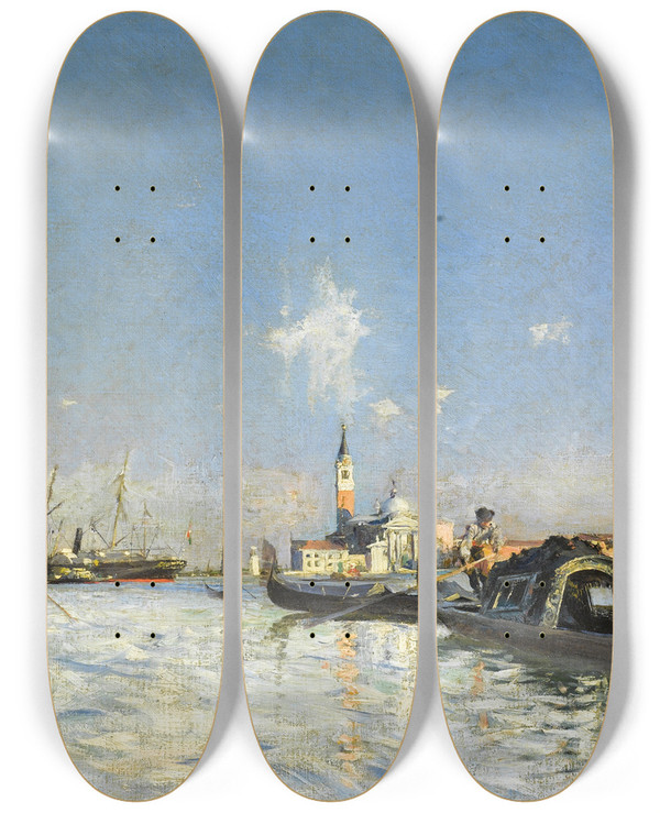 Triptych art skateboard deck of Giovanni Boldini Lisola Di San Giorgio A Venezia by Giovanni Boldini (1842-1931)