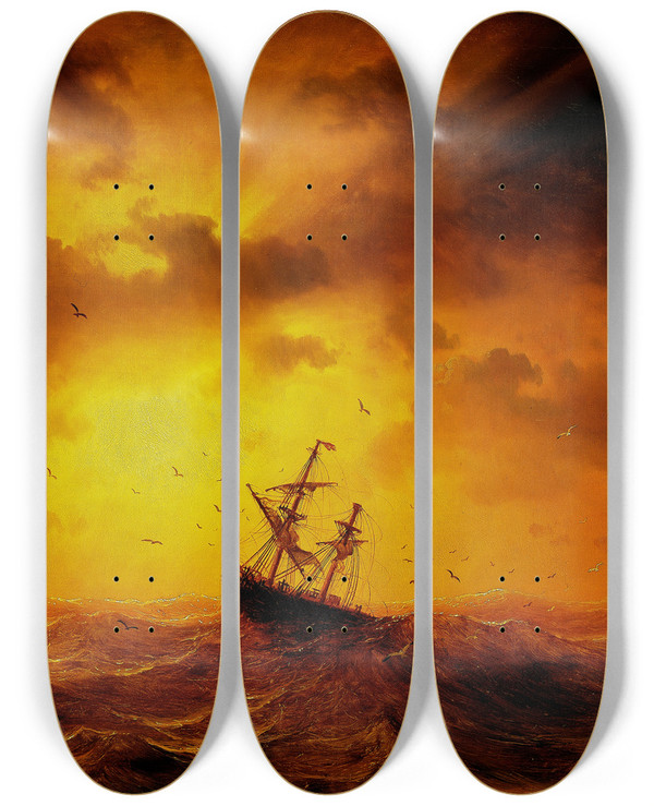 Triptych art skateboard deck of Marcus Larson Stormy Sea by Marcus Larson (1825-1864)