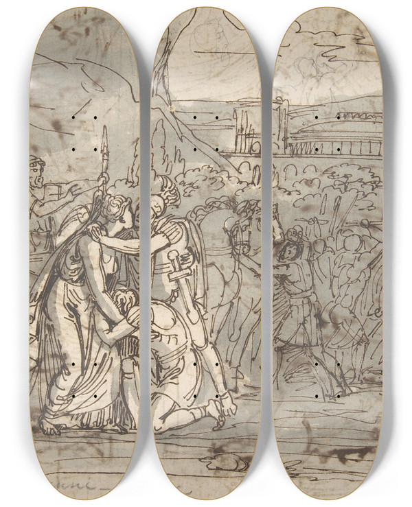 Triptych art skateboard deck of Vincenzo Camuccini Soldiers Going Into Battle by Vincenzo Camuccini (1771-1844)