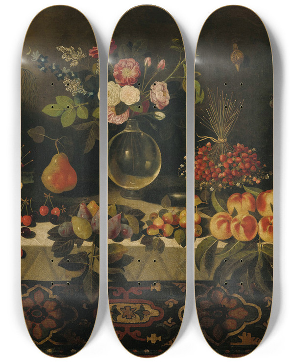 Triptych art skateboard deck of Master Of The Hartford Still Life A Draped Table Laden With Fruit And Flowers In A Glass Vase by Master Of The Hartford Still Life (1590-1610)
